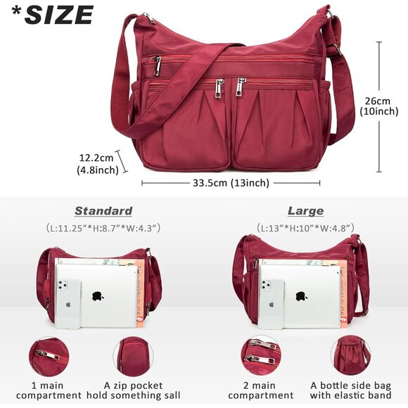 Women Red-l Nylon Water Resistant Anti Theft Travel Crossbody Shoulder Bag - Picture 3 of 6